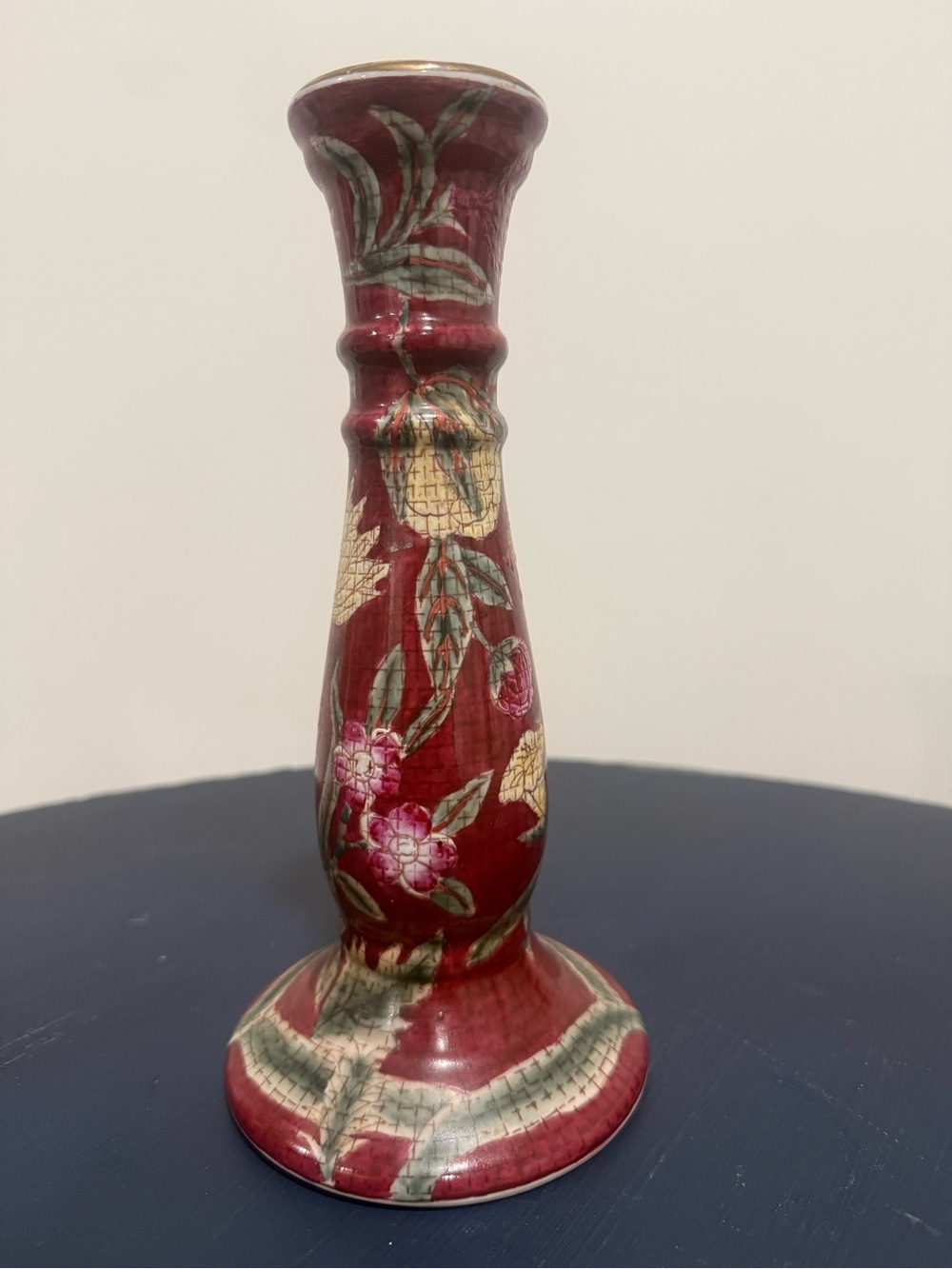 Vintage Chinoiserie Red Floral Porcelain Candlestick Candle Holder 8.5”